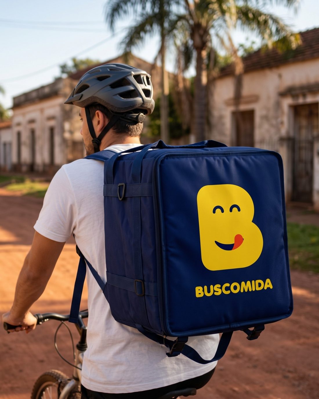 Repartidor en bicicleta con la mochila azul de Buscomida por una calle de tierra colorada